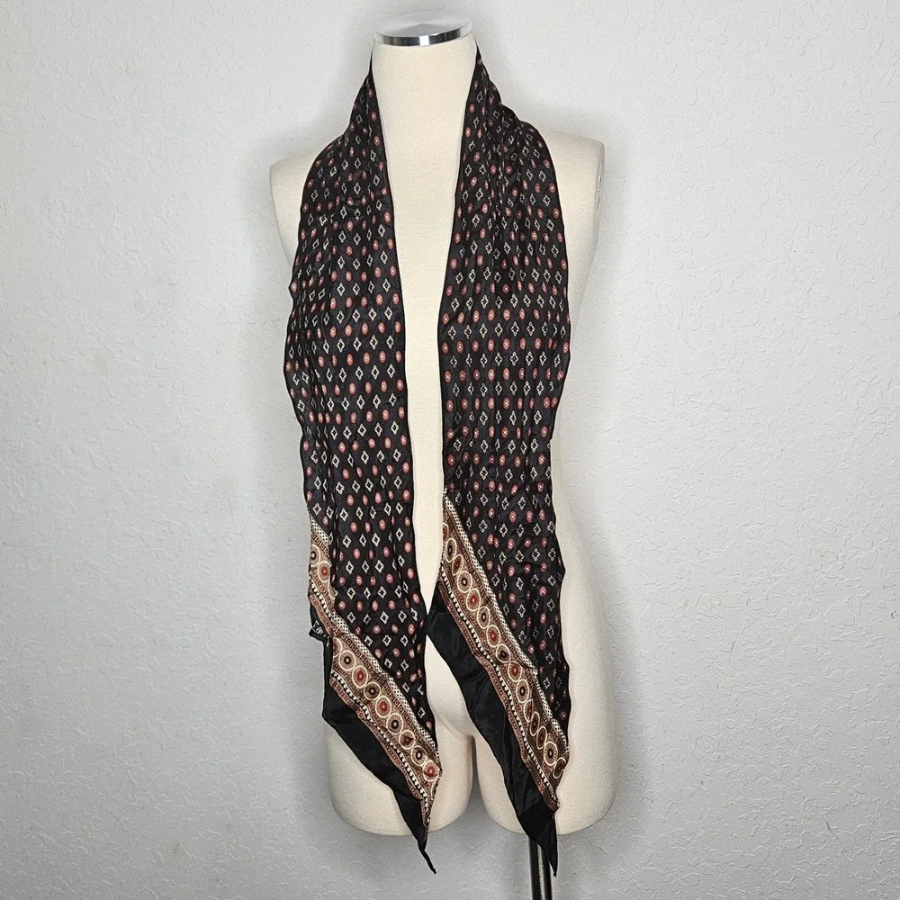 Club 7 Echo Silk Scarf Black Red Tan Geometric Medallion Print Oblong VTG